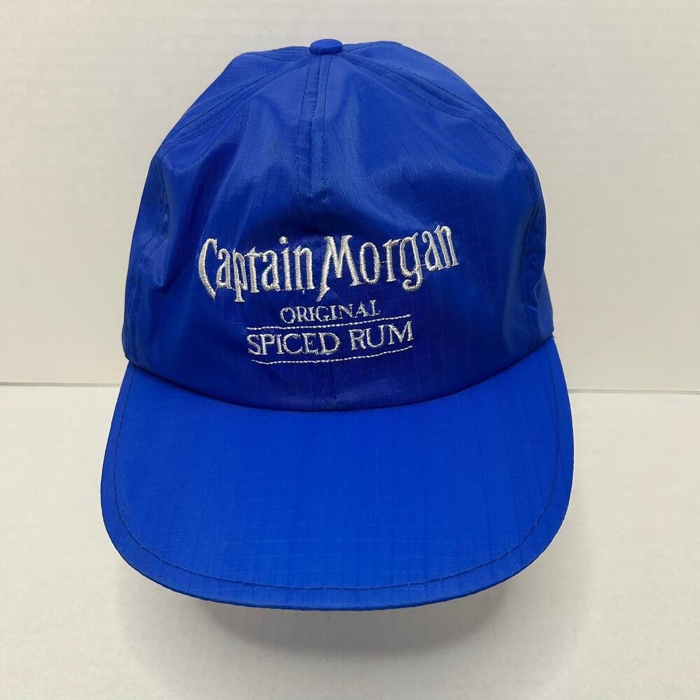 VINTAGE Captain Morgan Hat Satin Snap Back Cap OSFA Blue Lined Nylon Adult